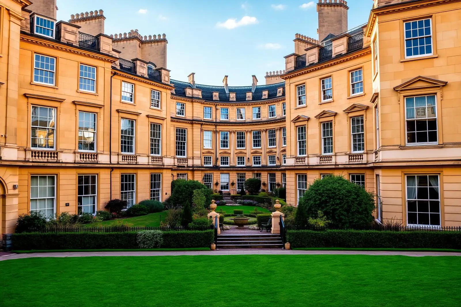 Honigfarbene georgianische Fassaden des Royal Crescent in Bath