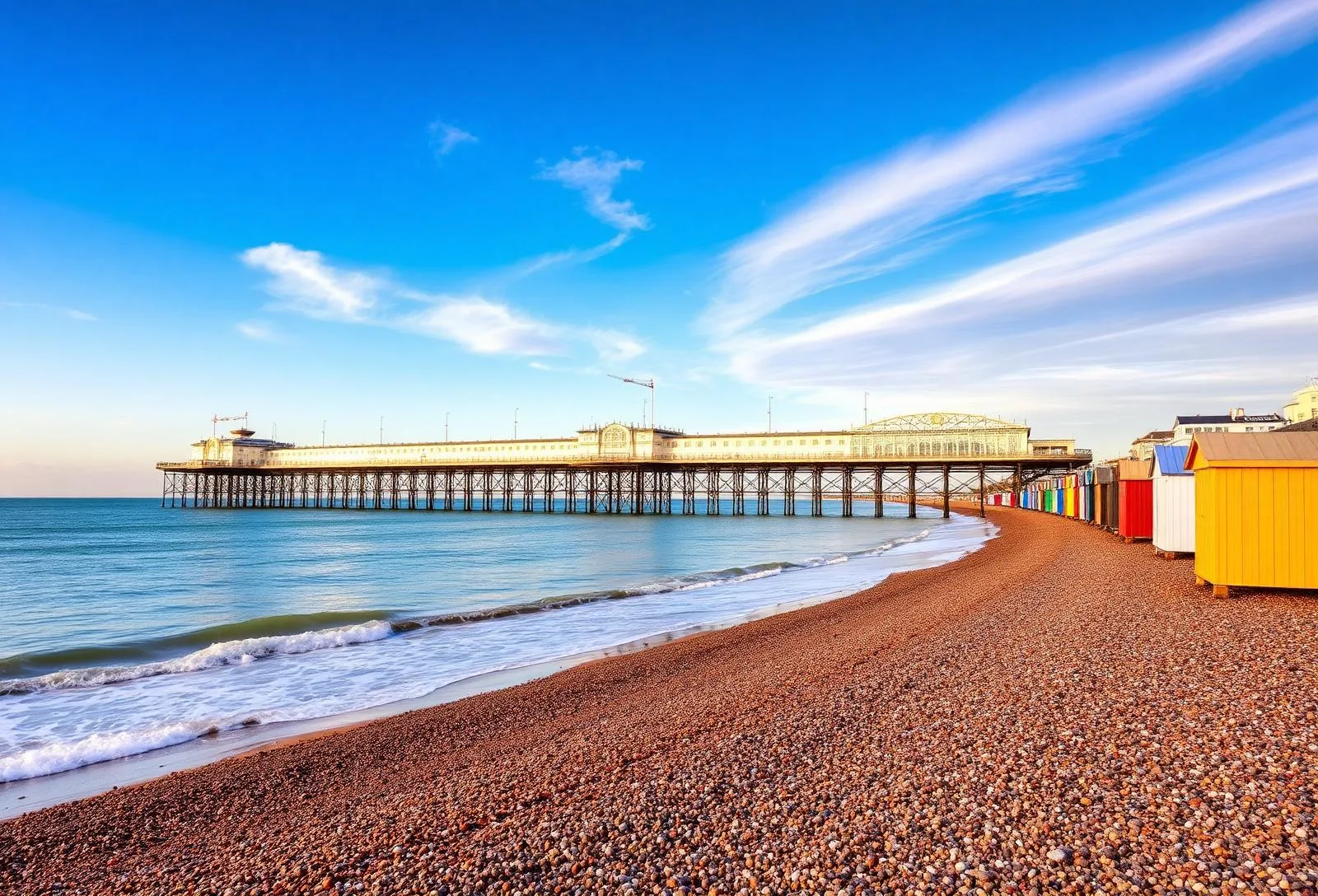 Brighton Palace Pier am Kiesstrand mit bunten Beach Huts und blauem Himmel