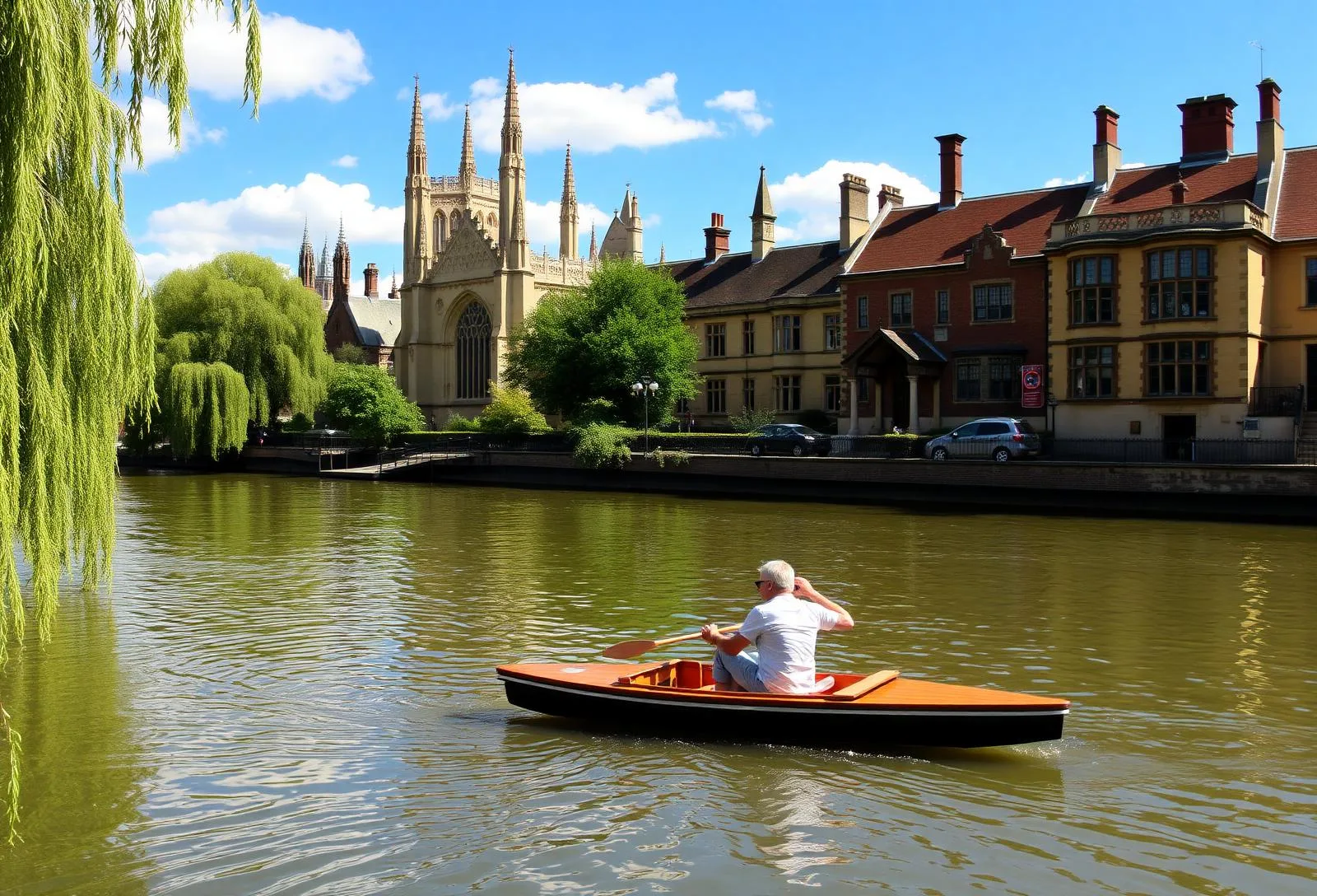 Punting auf dem River Cam mit gotischen College-Gebäuden und Trauerweiden