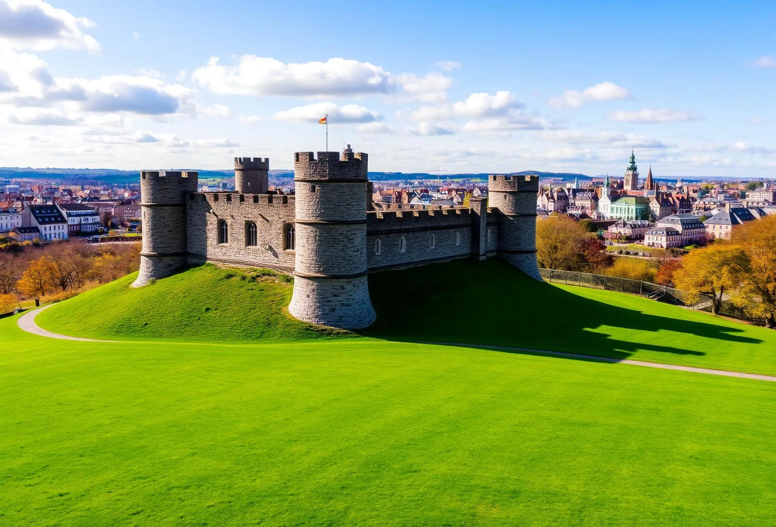 Cardiff Castle mit normannischem Keep und walisischer Flagge über der Stadt