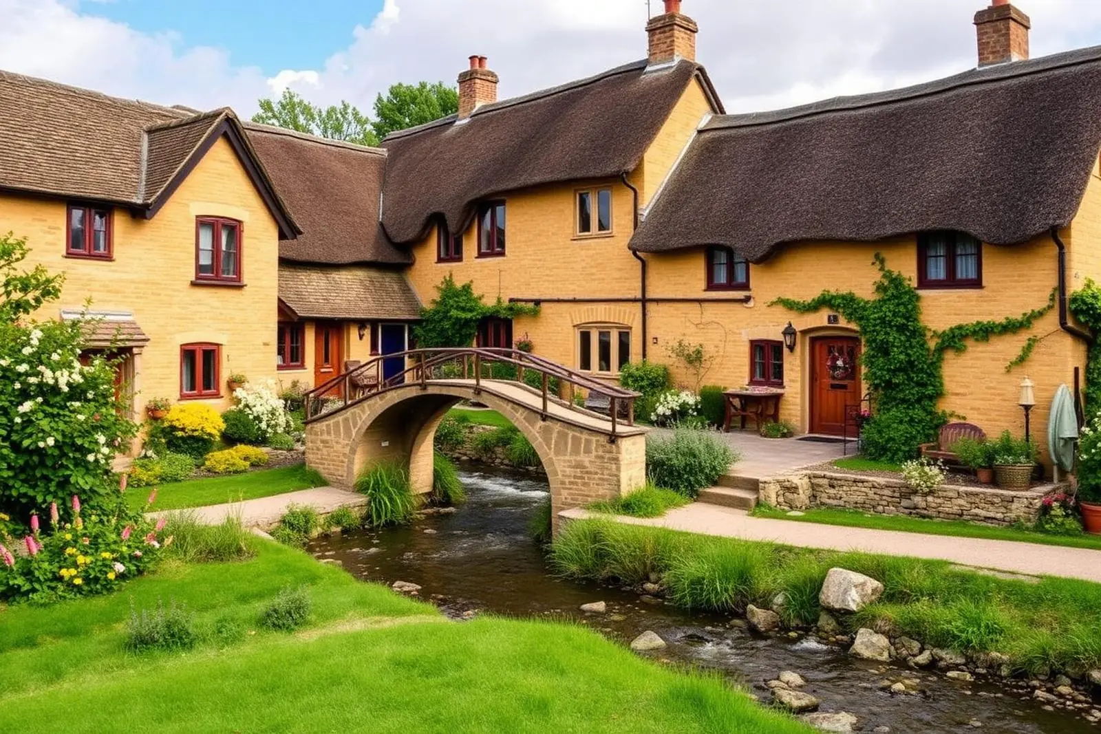 Honigfarbenes Cotswolds-Dorf mit reetgedeckten Cottages und Steinbrücke