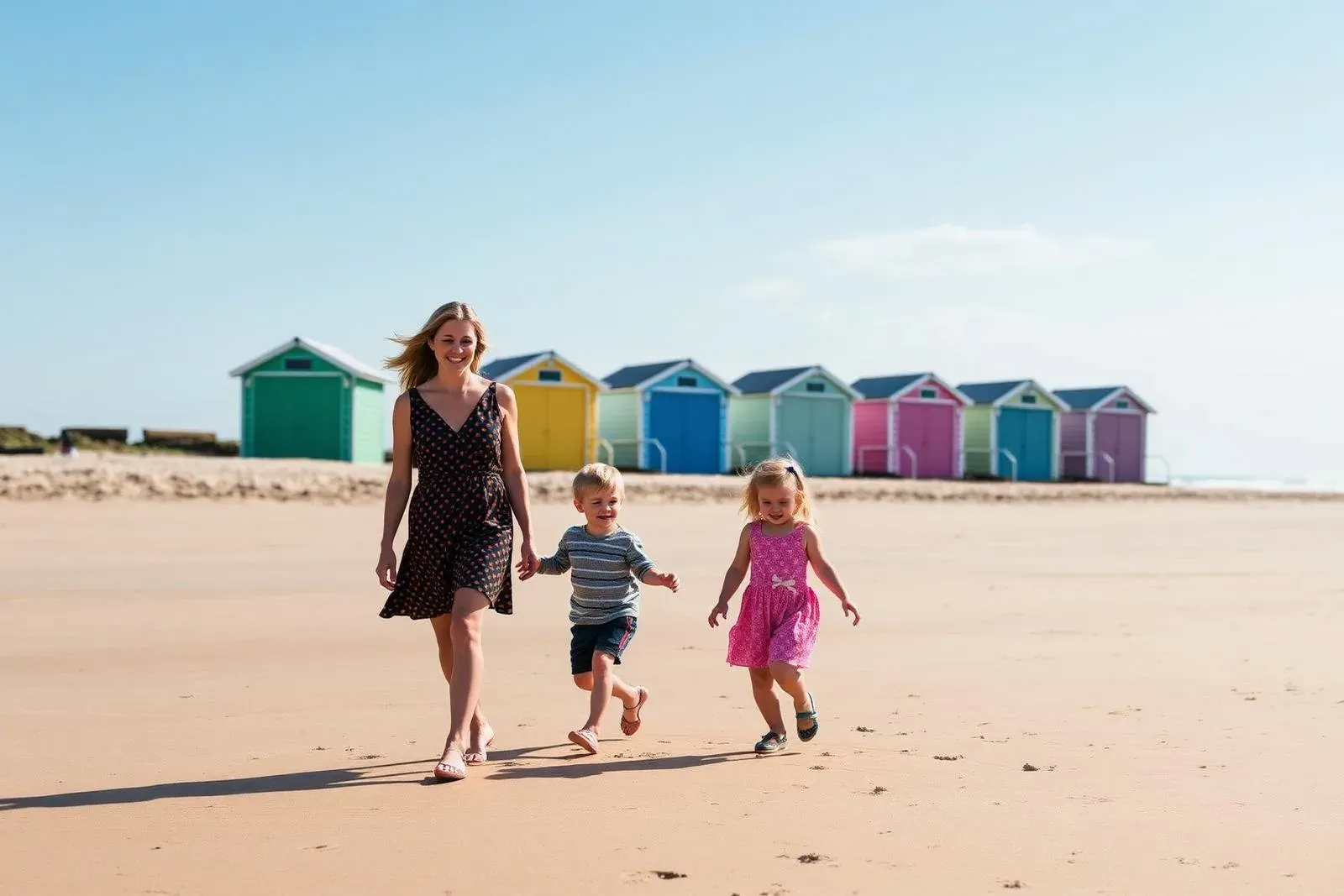 Familie am sandigen britischen Küstenstrand mit bunten Beach Huts
