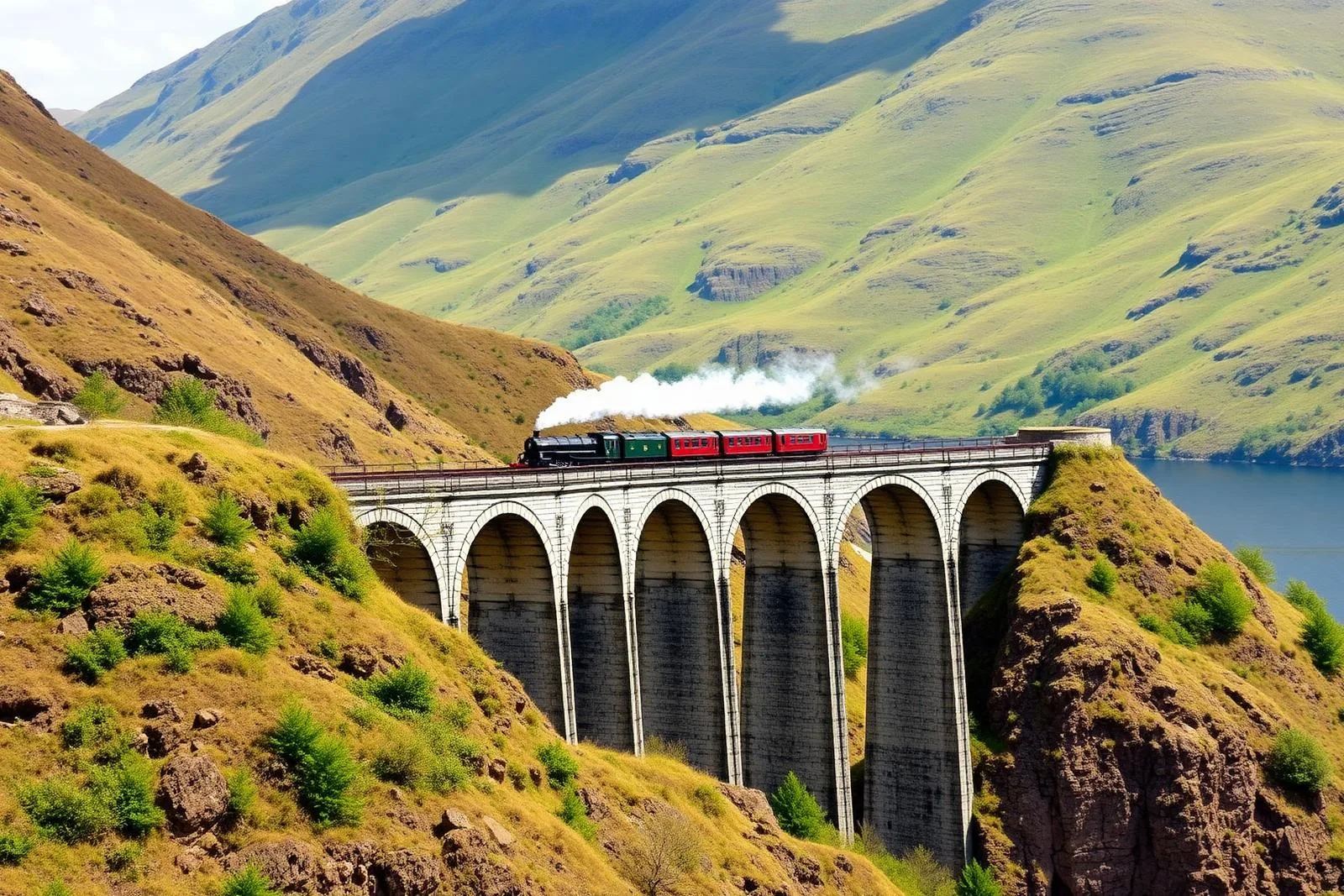 Jacobite Steam Train auf dem Glenfinnan-Viadukt in den schottischen Highlands