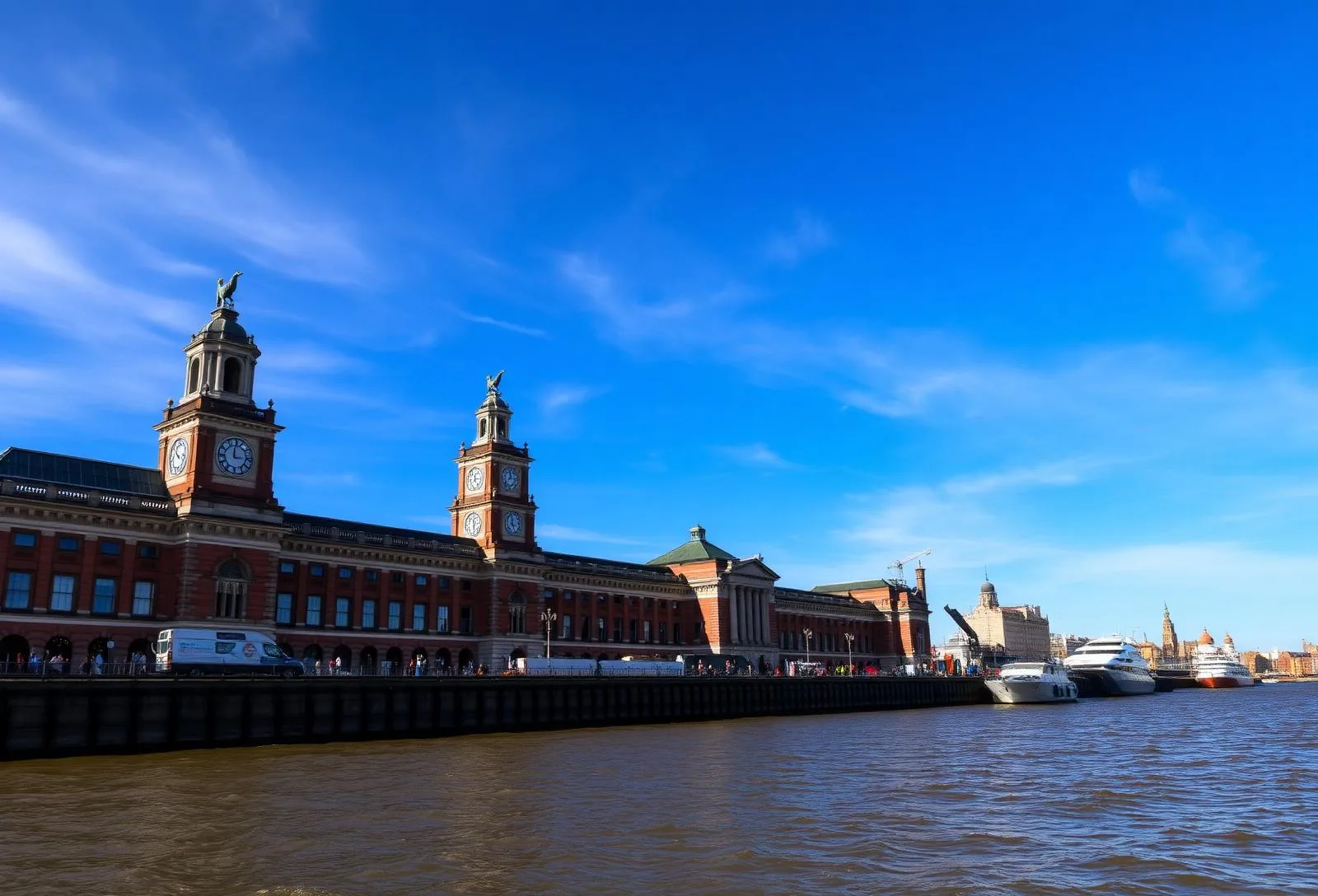 Liverpool Pier Head mit dem Royal Liver Building und seinen Uhrtürmen am Mersey