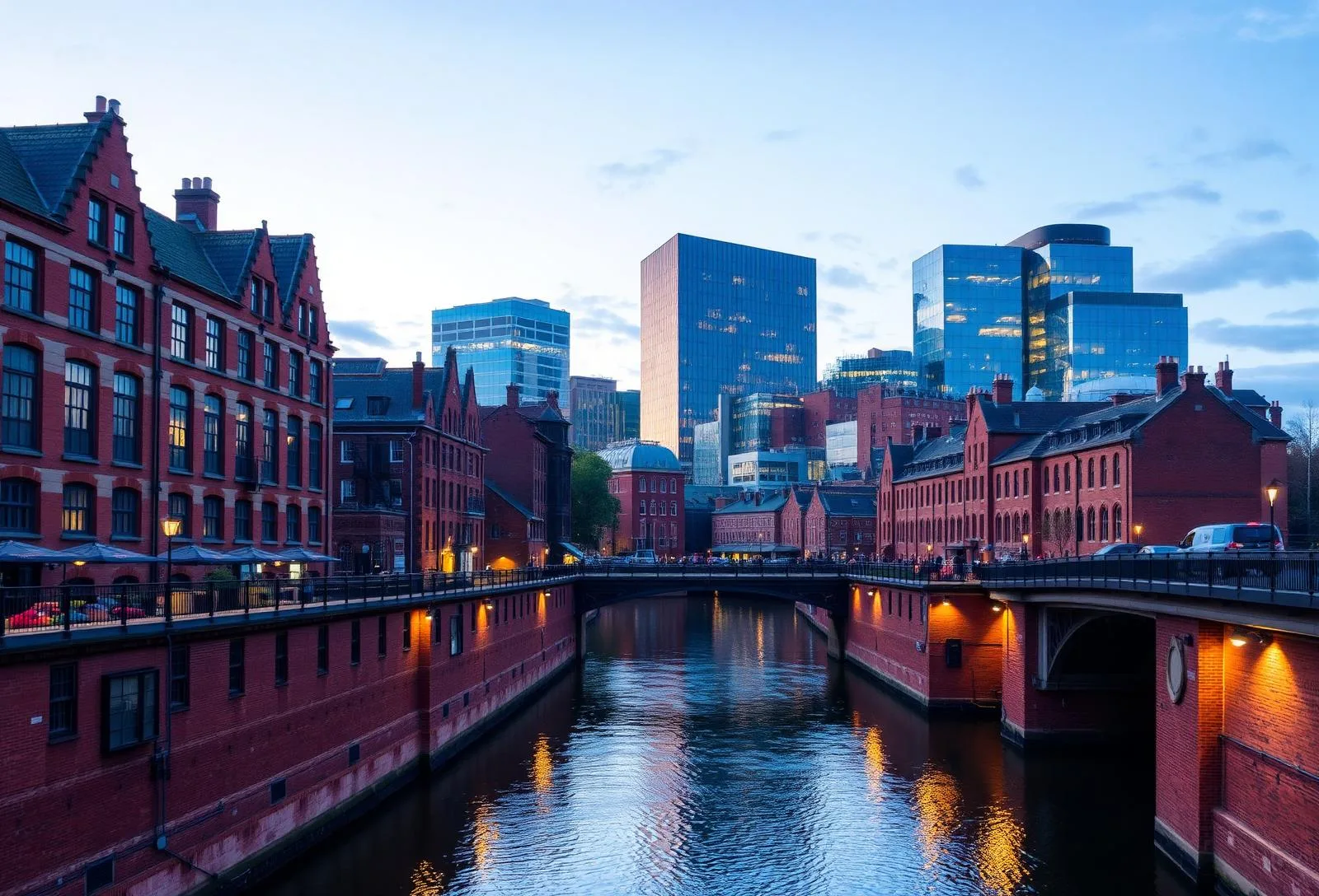 Manchester Castlefield mit roten Backsteinlagern und moderner Skyline am Kanal
