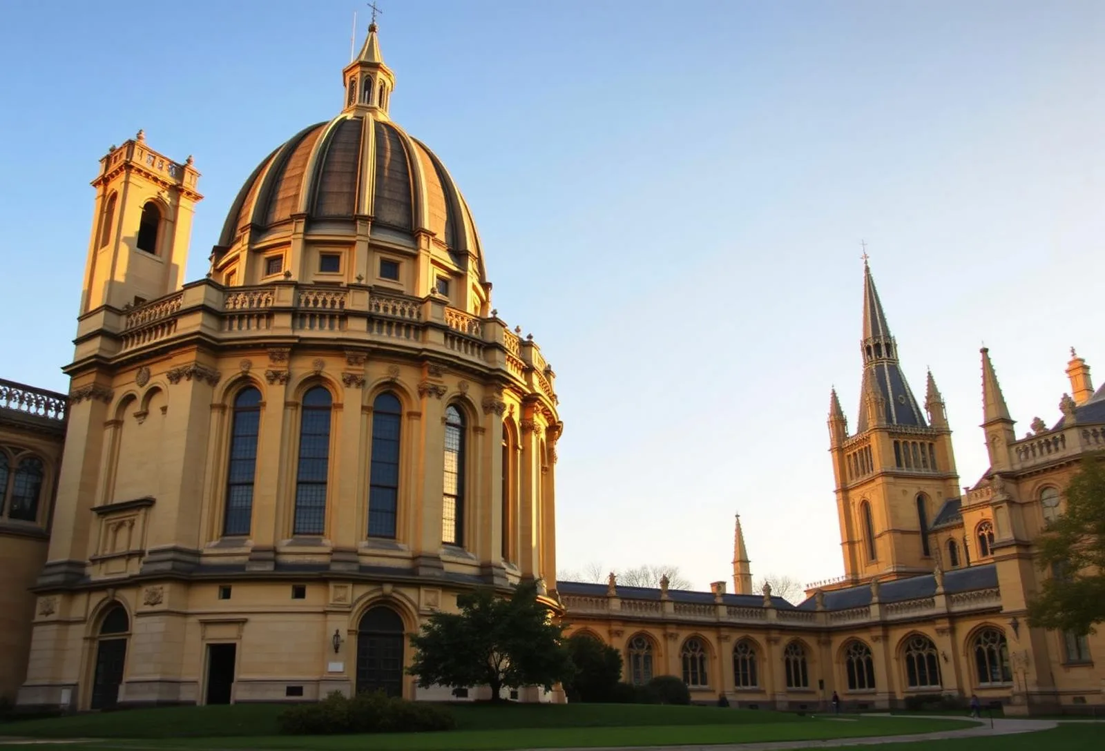 Oxfords honigfarbene Universitätsgebäude mit Kuppel und gotischen Türmen im Abendlicht